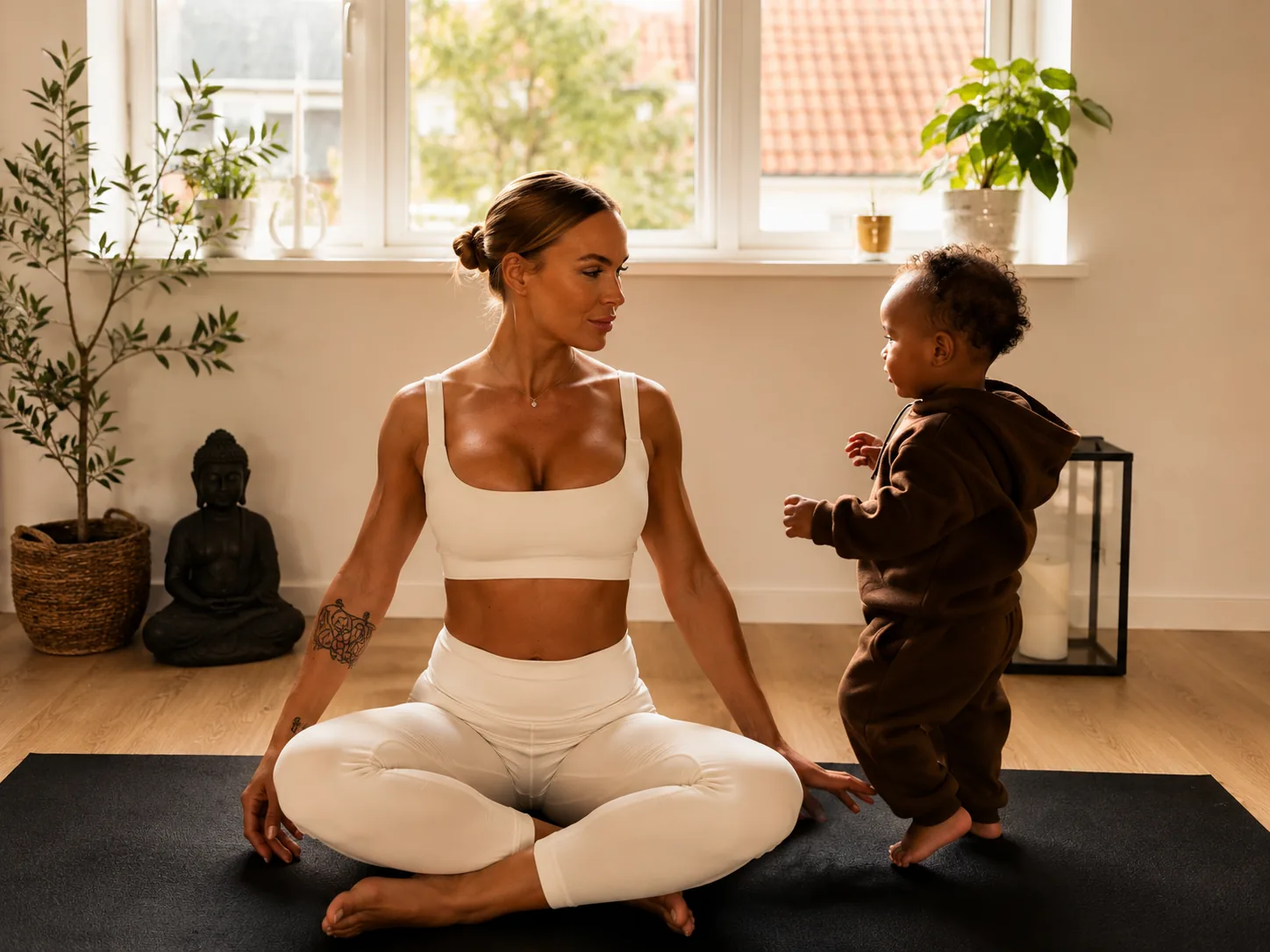 Pernille sitting on a yoga mat at home with her young son